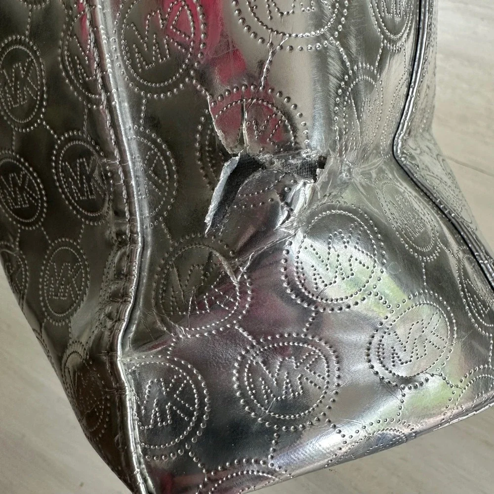 Michael Kors Metallic Silver Embossed Logo Statement Tote Bag Tan Leather Straps